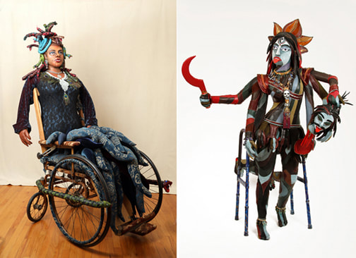 On the left is a colorful version of Medusa built into a wheelchair, and on the right is a multicolored version of the goddess Kali built into a walker.