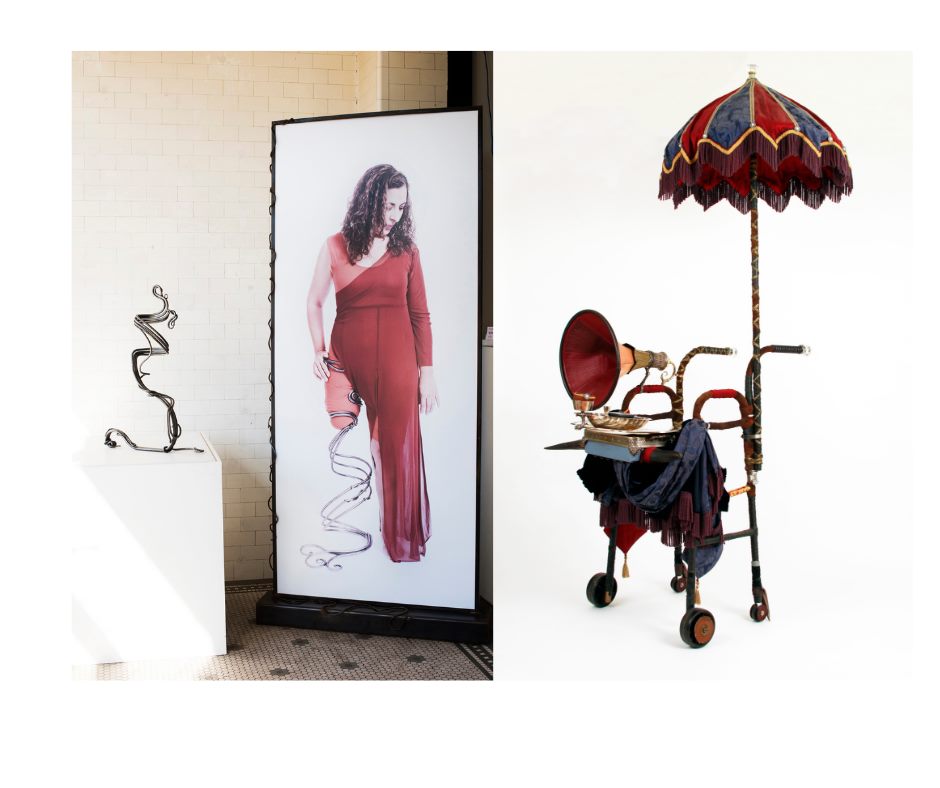 On the left is a swirled metal leg prosthetic, in the center is a life-sized photo of a woman in red wearing that leg, and on the right is a walker dressed up as a mobile Victorian bath house.