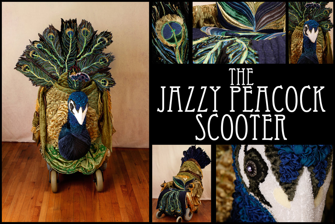 Multiple images of a mobility scooter dressed as an Art Nouveau peacock.