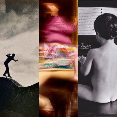 Split image: a skateboarder in silhouette on the left, burred woman in a pink coat in the middle, bare back of a boy at the piano on the right