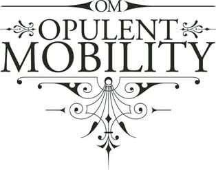A black and white logo in curly, ornate black swirls and text on white. The text reads OPULENT MOBILITY.