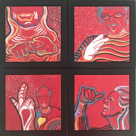4 black framed portraits on red tile of people using American Sign Language to communicate. The paintings are in white, yellow, black, and blue.