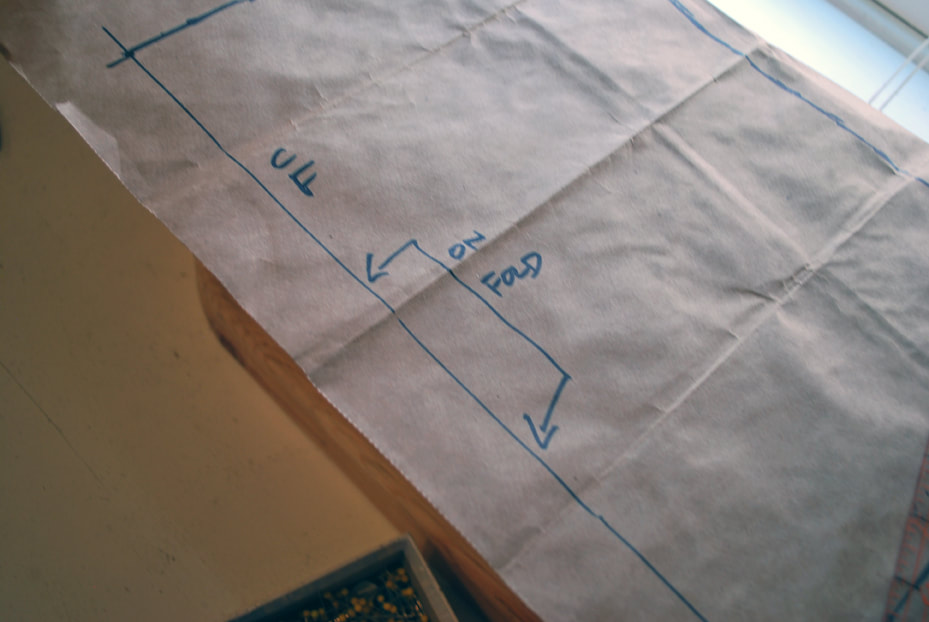 Labeling the center front with CF and  a bracketed arrow labeled ON FOLD that points towards the center front line. 