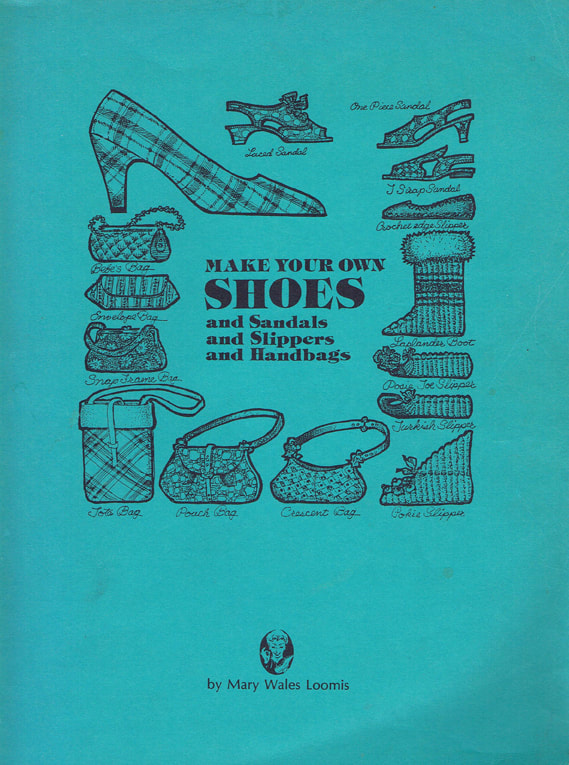 A turquoise book cover with illustrations of shoes, slippers and handbags and the text "Make your Own Shoes
And Sandals
And Slippers
And Handbags".