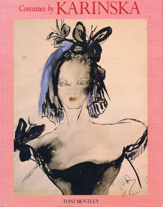 A book cover illustrated with a pen and ink drawing of a woman's torso in an evening dress and fancy headdress. The image is surrounded with a pink border, and the red text on top reads "Costumes by KARINSKA".