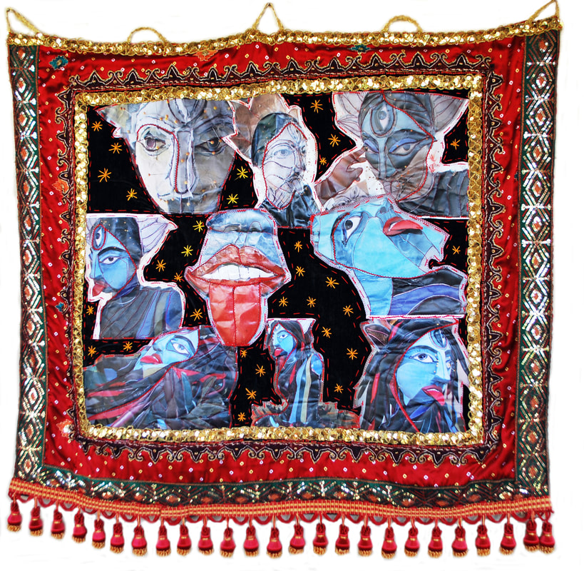 Multiple images of a blue goddess face with a bright red tonggue sewn to a black background with yellow stars with a red, green, and gold border.