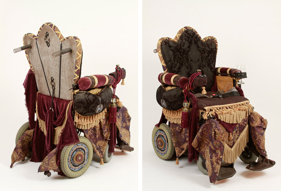 Back and front views of a wheelchair upholstered in black, purple, and gold brocade with gold tassels and silver accessories