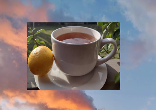 A steaming cup of tea in a white cup on a white plate in front of green jasmine leaves. On the side is a small Meyer lemon. The picture is in a rectangular box on top of the image of a blue sky at sunset with pink and orange clouds.