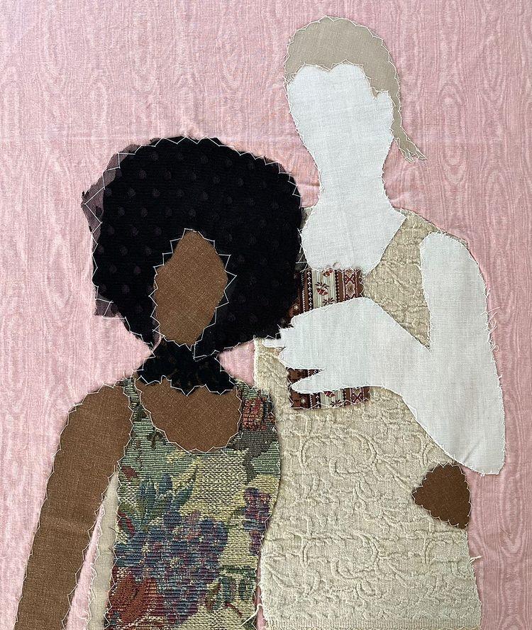 Textile portrait of two people. The shorter figure on the left has brown skin, big black hair, and a floral top and the figure on the left is tall and pale skinned with beige hair and an off-white brocade tank top.