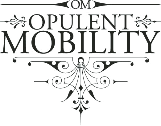 The Opulent Mobility logo in black on a white background: swirls in black surround the text OPULENT MOBILITY.