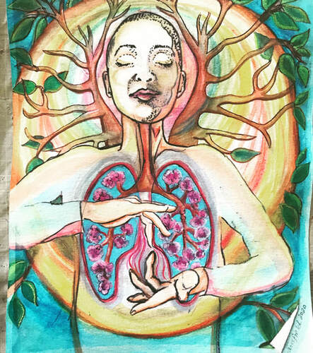 A figure with closed eyes holds one hand above the other with the middle fingers pointing together. The figure has a cross seciton of lungs in their chest, with branching twigs and pink flowers, and a halo of leafy branches around their head.