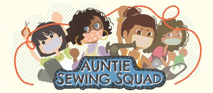 A cartoon of a diverse group of women in masks holding scissors, a sewing machine, and pattern making tools.