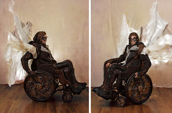 Two images of a masked man in a wheelchair with a large silken sail. The rider and wheechair are dressed in black and copper with swirled patterns on the wheels.