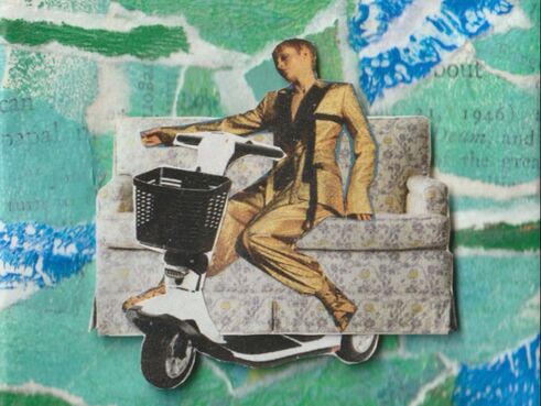 Against a blue and green collaged background, a pale skinned woman with short red hair  and a gold and black pantsuit sits on a floral sofa set on top of a white mobility scooter.