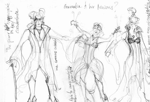Costume sketches of Garmentia, K-O-Tique, and The Fixer.