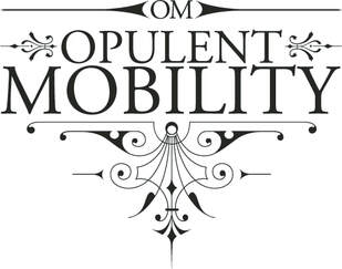 A curly logo for Opulent Mobility in black letters on white