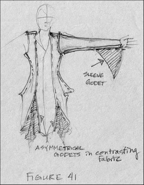 Drawing of a bald figure in a staple draped coat with added sleeve and skirt godets.