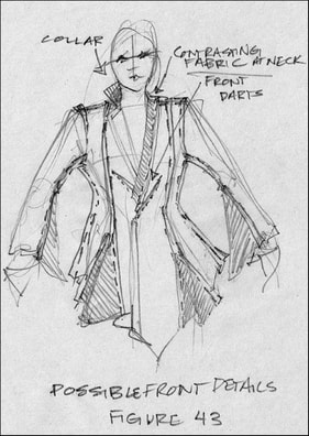 Drawing of a bald figure in a staple draped coat with visible seams.