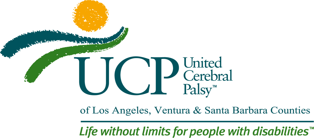 Green and yellow logo for United Cerebrap Palsy of Los Angeles, Ventura, and Santa Barbara counties.