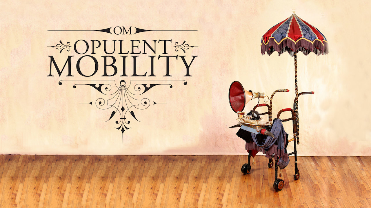 Opulent Mobility logo next to Le Flaneur, a Visctorian inspired walker with attached parasol, silver platter, and gramophone horn.
